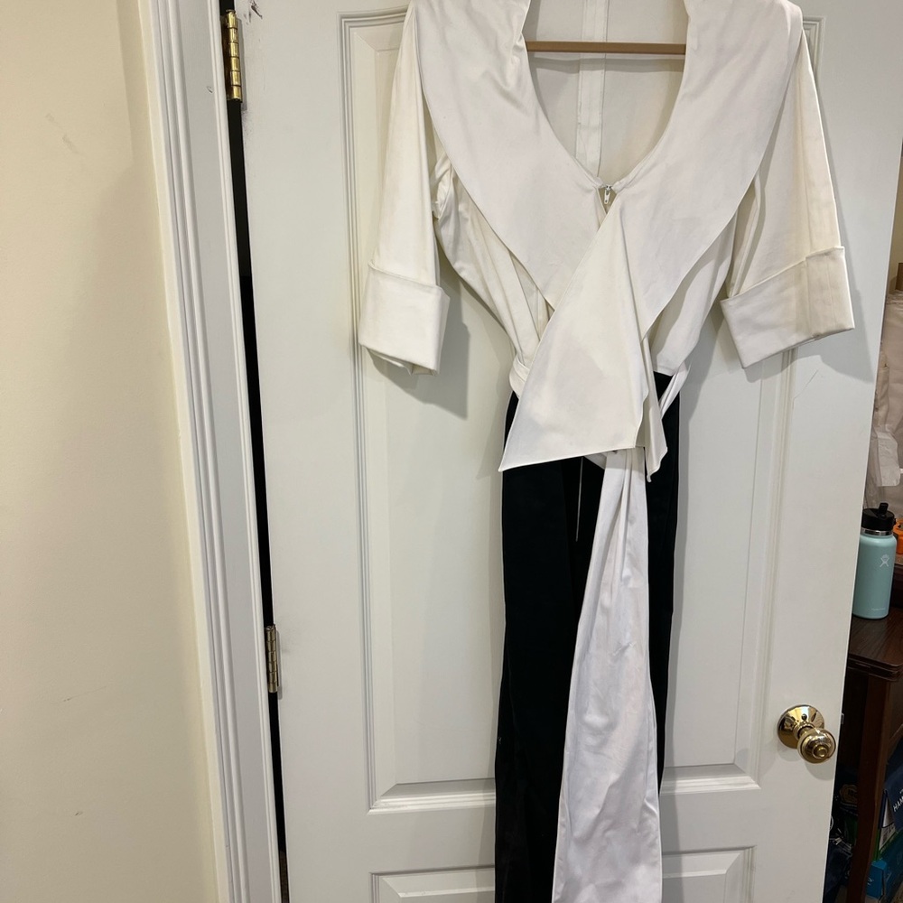 Jackie Rogers New York: Cream and Black Wide Leg Jumpsuit Sailor Collar